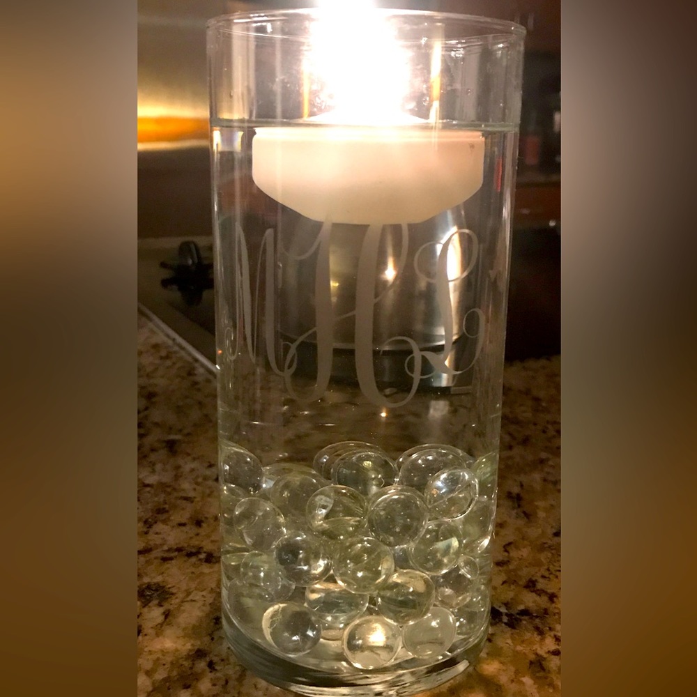 personalized etched monogram on a vase